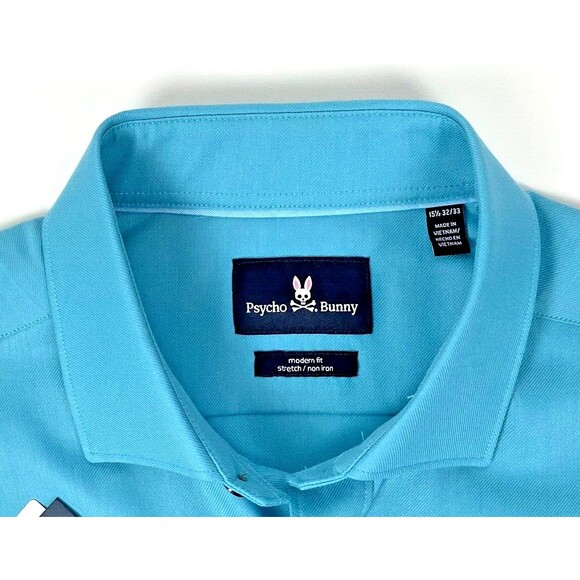 NWT Psycho Bunny Modern Fit No Iron Stretch Dress Shirt Teal Blue Men 15.5 32/33 - Picture 3 of 7